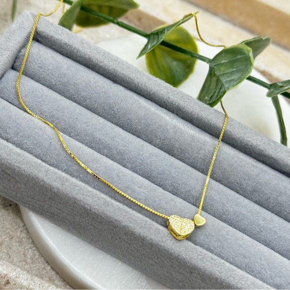 925 Sterling Silver Double Heart Pendent Necklace With Zirconia - Picture 5 of 12